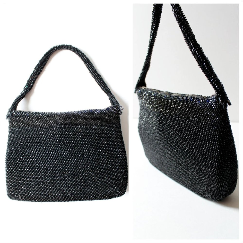 Vintage VTG 1950s Black Sparkly Beaded Evening Handbag | Formal | 50s | Evening